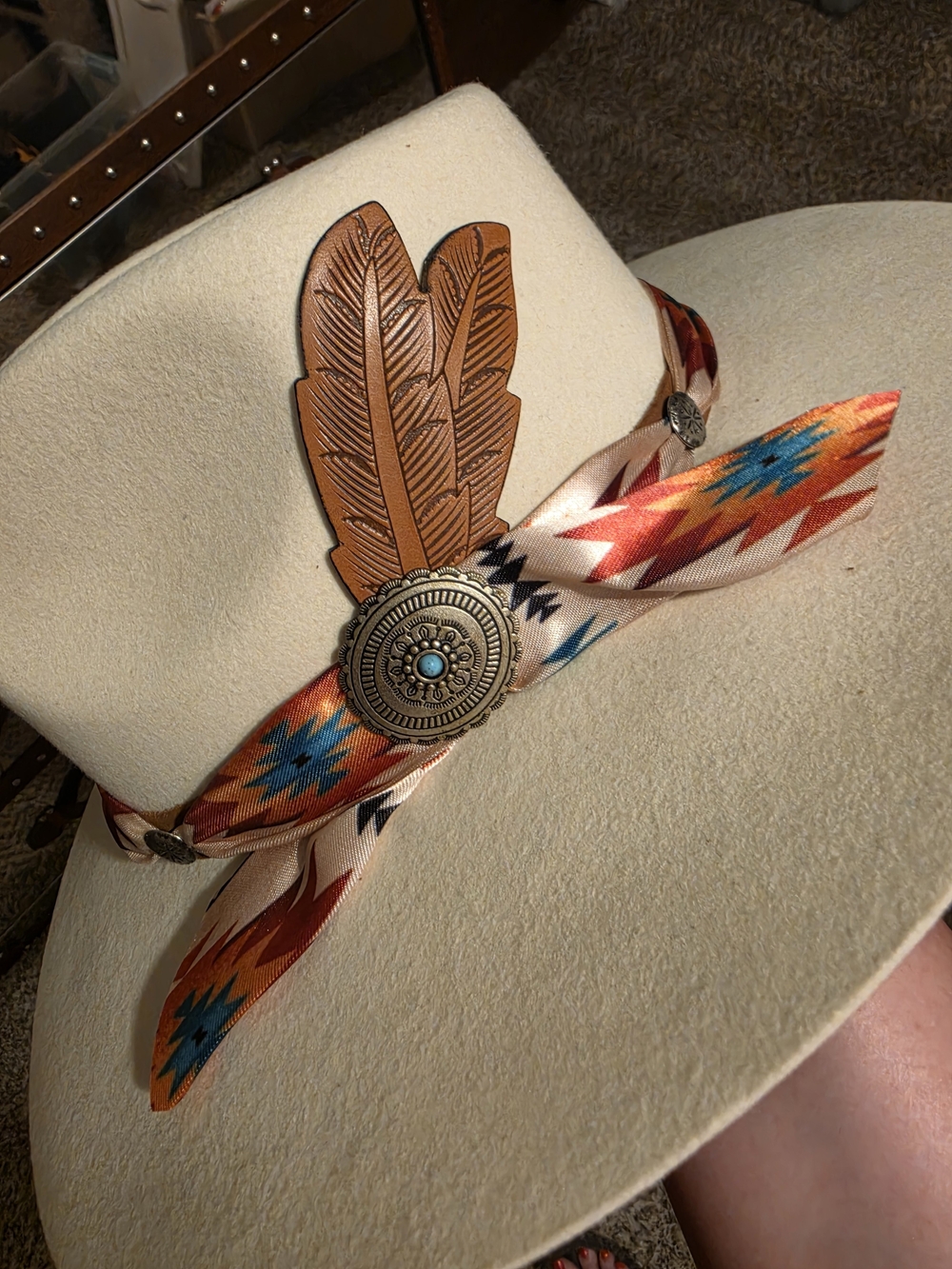 Cream Western Fedora with Turquoise Concho & Feather Accent - Picture 3 of 5